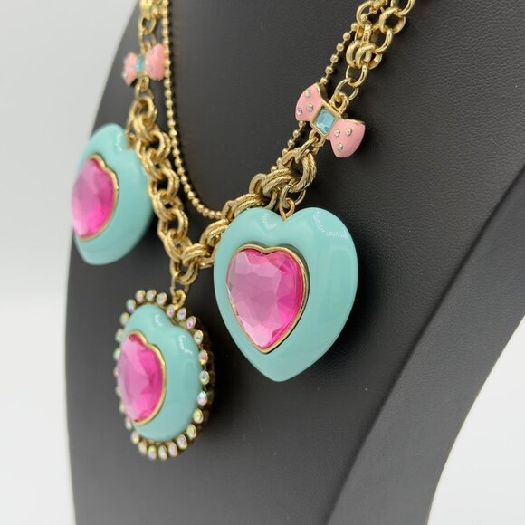 Betsey Johnson Candy Land Heart Necklace Retired Statement Aqua Blue Pink - Picture 4 of 14